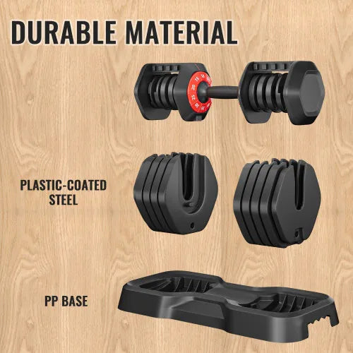 V.I.P Digital Presence adjustable dumbbell set with 55LB weight plates for home gym workouts, featuring a compact design and easy grip.
