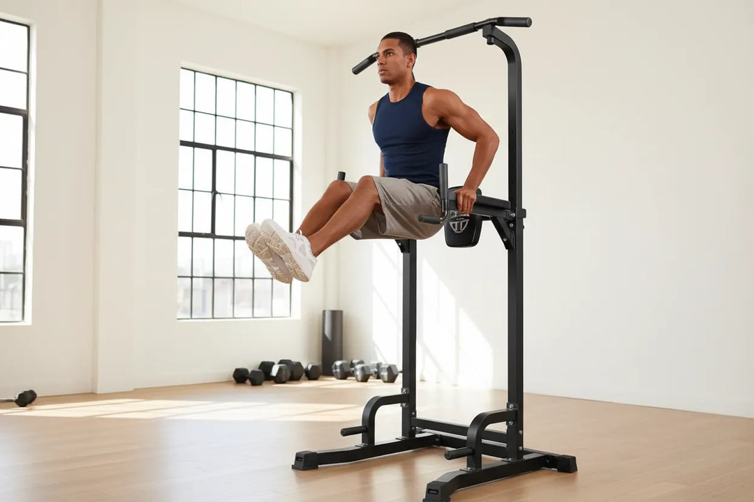 Power Tower pull-up station by The Peak Pivot with multiple workout bars for pull-ups, dips, and abdominal exercises.
