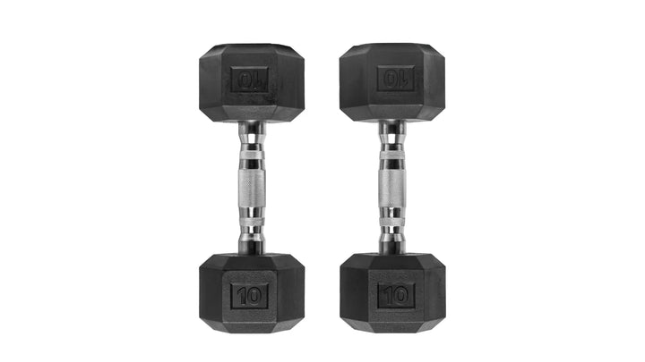 Pair of Barbell Standard rubber hex dumbbells with textured handles and durable black coating for strength training.