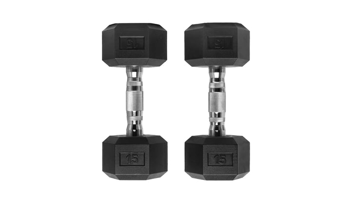 Pair of Barbell Standard rubber hex dumbbells with black handles and colorful weight markings for strength training exercises.