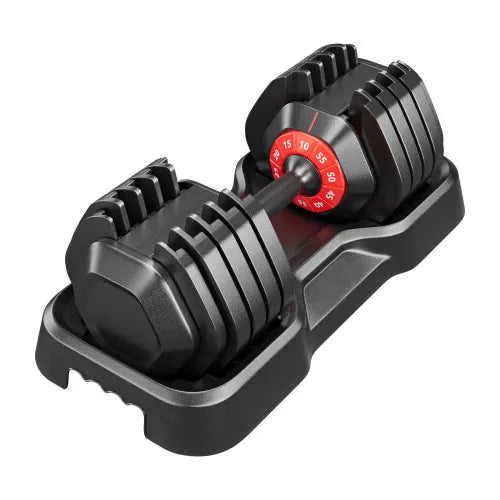 Adjustable 55LB V.I.P Digital Presence dumbbell set with black weights and handle for home gym workouts.