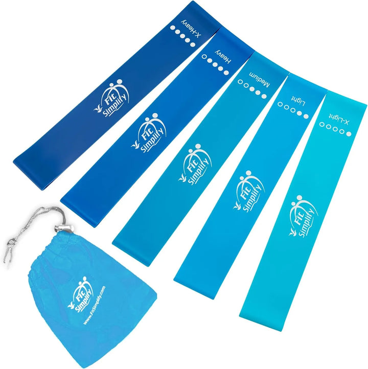 Set of five resistance exercise bands from The Peak Pivot, showing different levels of stretch and color-coded for strength options.