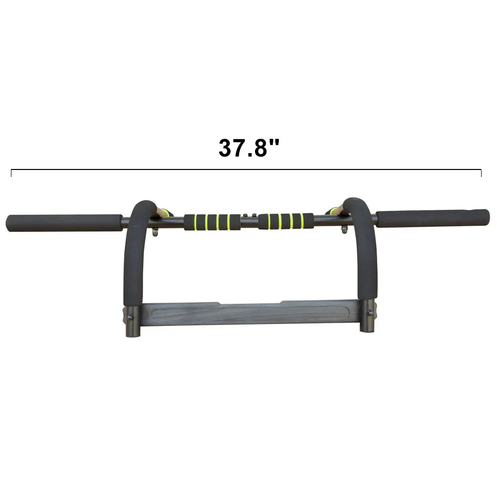Wall mounted pull-up bar attached to a home gym wall for upper body workouts.