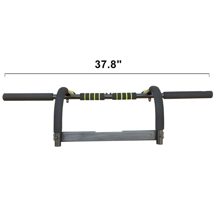 Wall mounted pull-up bar attached to a home gym wall for upper body workouts.