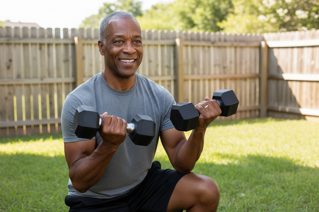 Cast iron hex dumbbells from The Peak Pivot for strength training at home, shown resting on a gym floor.