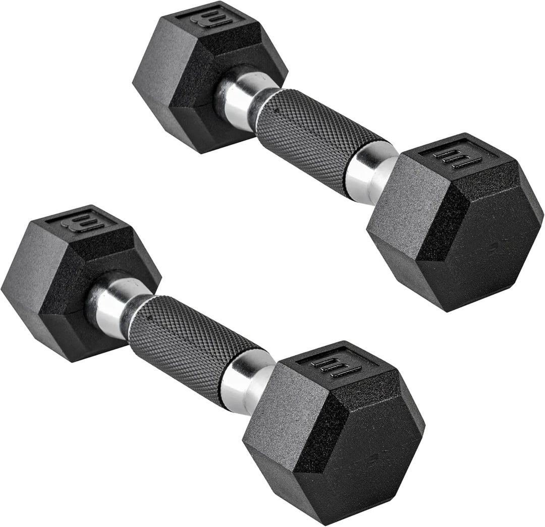 Cast iron hex dumbbells from The Peak Pivot for strength training at home, featuring black powder-coated handles and hexagon-shaped heads.