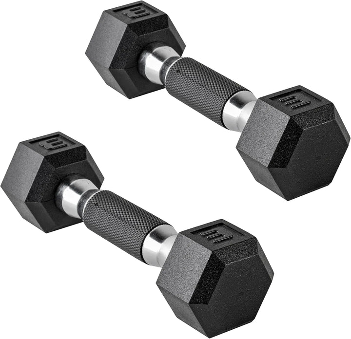 Cast iron hex dumbbells from The Peak Pivot for strength training at home, featuring black powder-coated handles and hexagon-shaped heads.