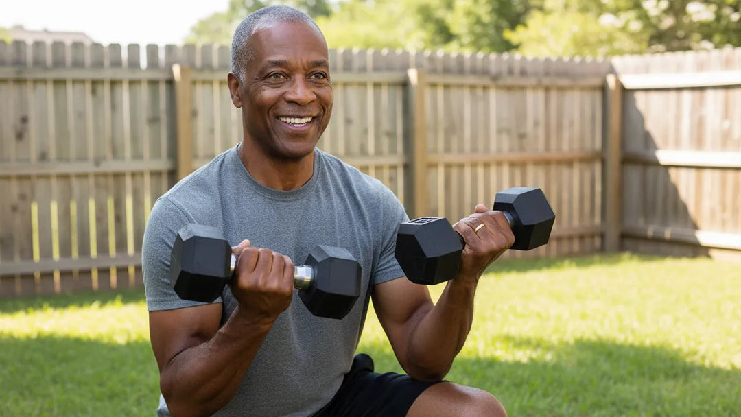 Cast iron hex dumbbells from The Peak Pivot for strength training at home, showing a pair of black, textured grip dumbbells.