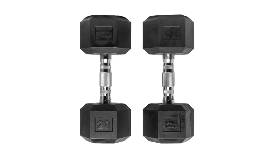 Pair of Barbell Standard rubber hex dumbbells with textured handles for strength training and weightlifting exercises.