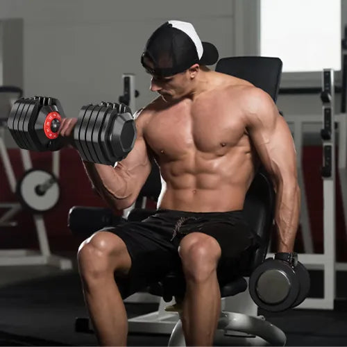 Adjustable 55LB dumbbell set from V.I.P Digital Presence, featuring compact weights and handle for home gym strength training.