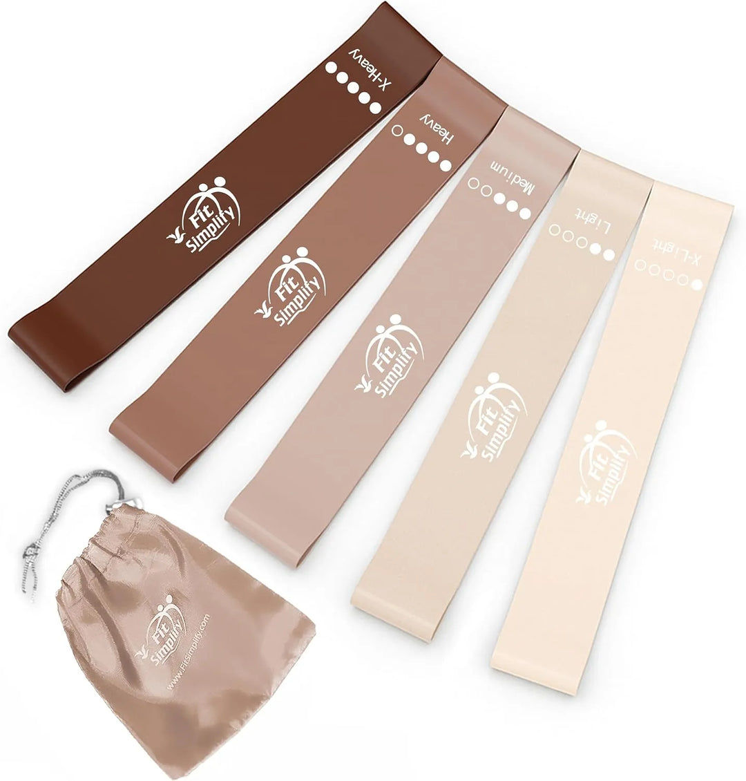 Set of five resistance exercise bands from The Peak Pivot, showcasing varying levels of stretch for strength training.