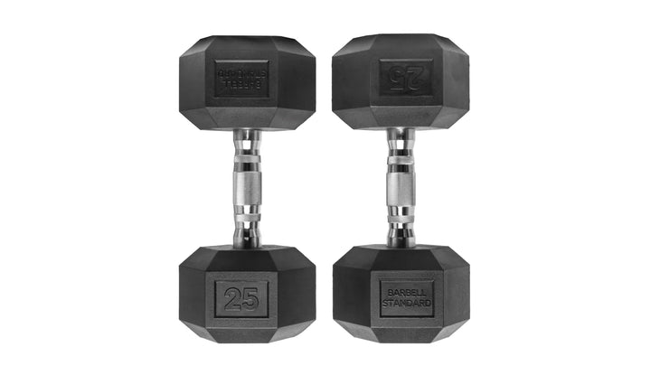 Pair of Barbell Standard Rubber Hex Dumbbells with textured handle and durable rubber coating for strength training exercises.