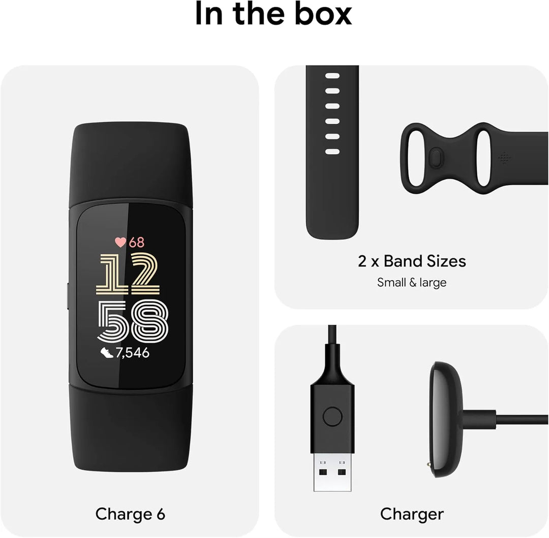 Fitbit Charge 6 fitness tracker and pedometer showing a sleek smartwatch display with step and activity stats.
