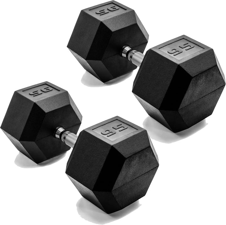 Pair of cast iron hex dumbbells for strength training at home, featuring durable black finish and ergonomic grips.