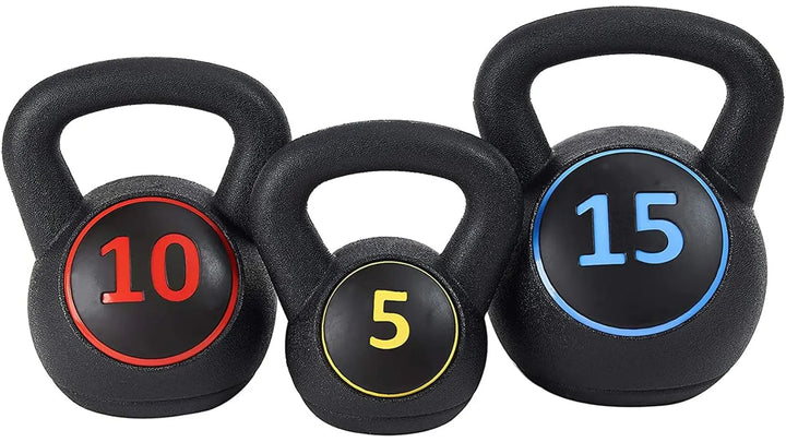Set of black kettlebells in various sizes from The Peak Pivot Kettlebell Weight Set, suitable for strength training.