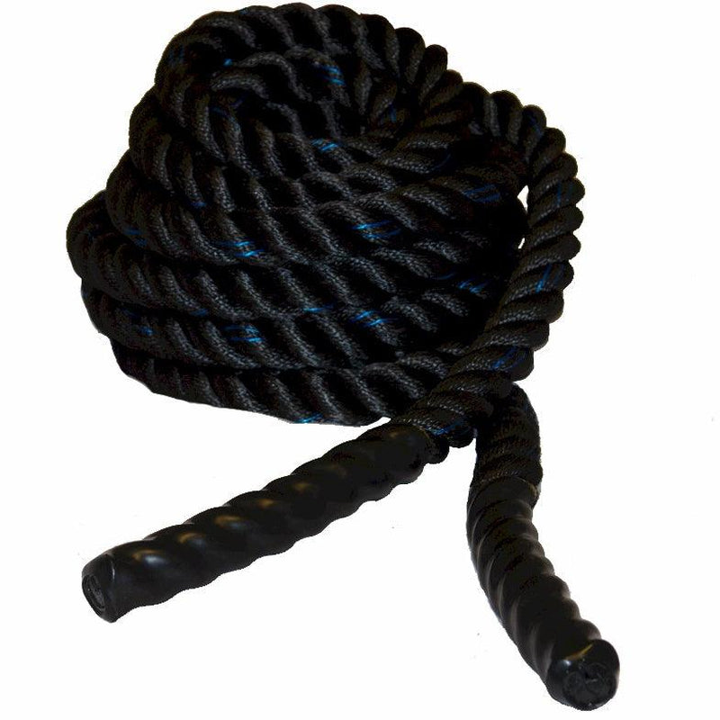Double battle ropes for strength and conditioning by The Peak Pivot, coiled on a gym floor ready for workout.