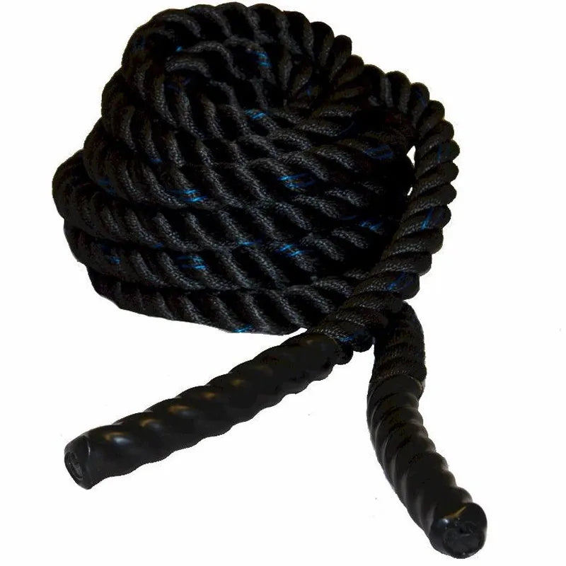 Heavy-duty battle ropes for strength and conditioning by The Peak Pivot, shown coiled and ready for intense workout sessions.