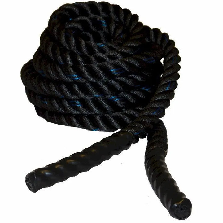 Heavy-duty battle ropes for strength and conditioning by The Peak Pivot, shown coiled and ready for intense workout sessions.