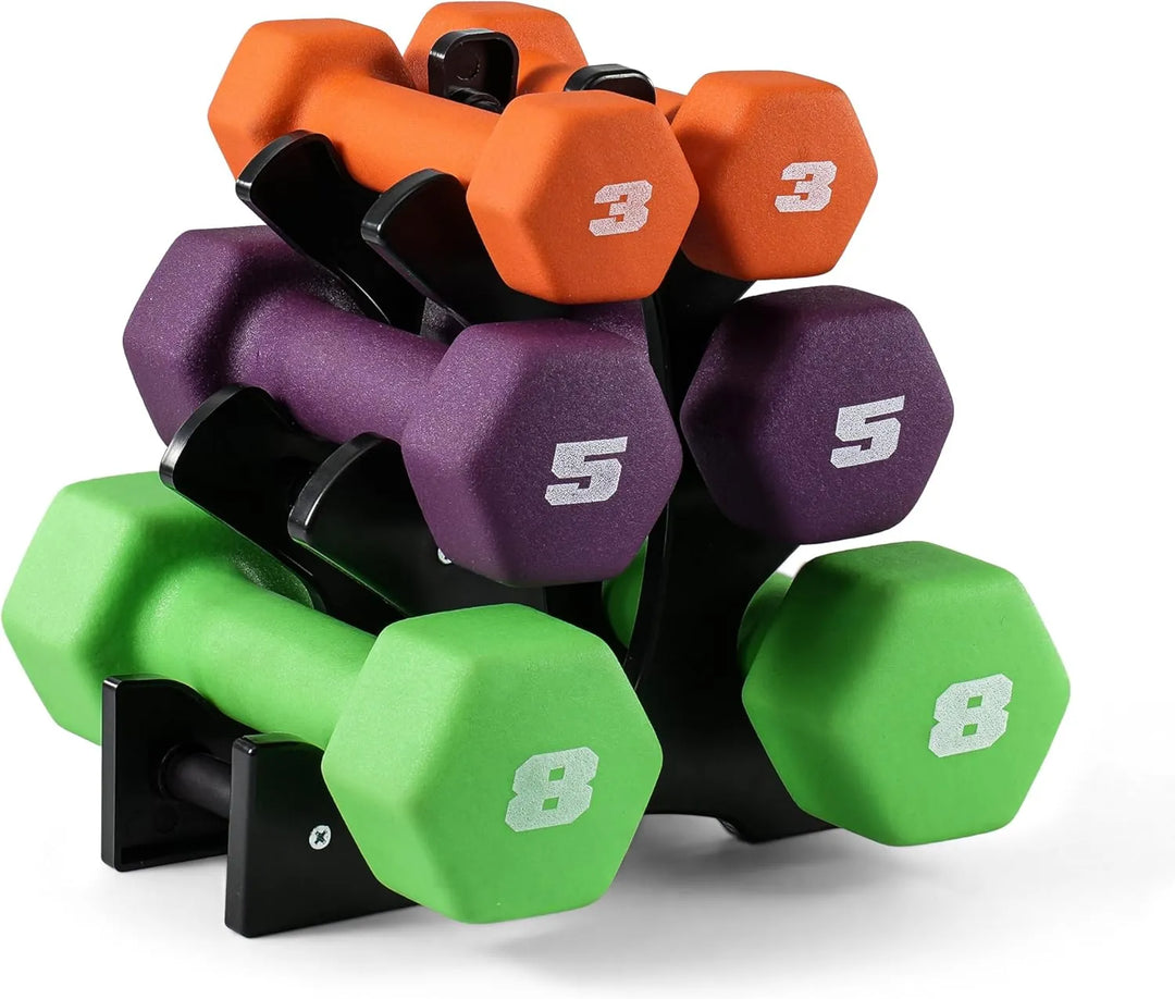 Neoprene hex dumbbells for home workout by The Peak Pivot, with black rubber-coated weights and ergonomic handles.
