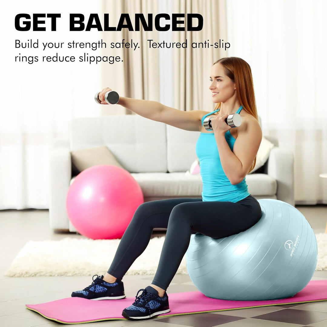 Anti-burst professional grade balance ball by The Peak Pivot, used for fitness, pregnancy, or as an office chair seating option.