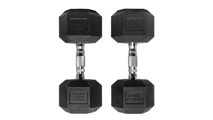 Set of black Rubber Hex Dumbbells by Barbell Standard, featuring textured grips and hexagonal shape for easy storage.