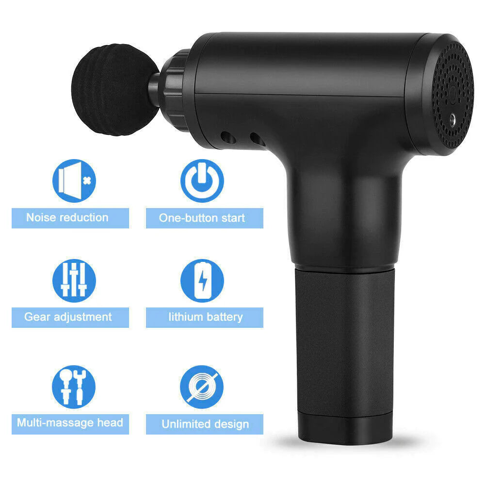 Handheld The Peak Pivot deep tissue percussion massager with 6 speeds and 4 interchangeable heads for muscle relief and relaxation.