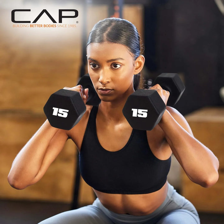 Neoprene hex dumbbells for home workout by The Peak Pivot, featuring black rubber-coated weights with ergonomic handles.