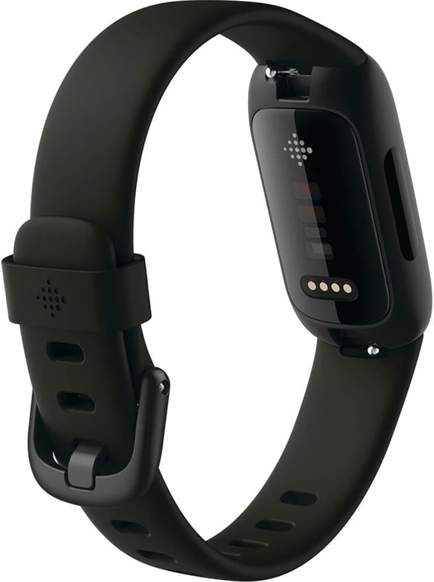 Fitbit Inspire 3 fitness tracker by The Peak Pivot with heart rate monitor and sleep tracking displayed on screen.