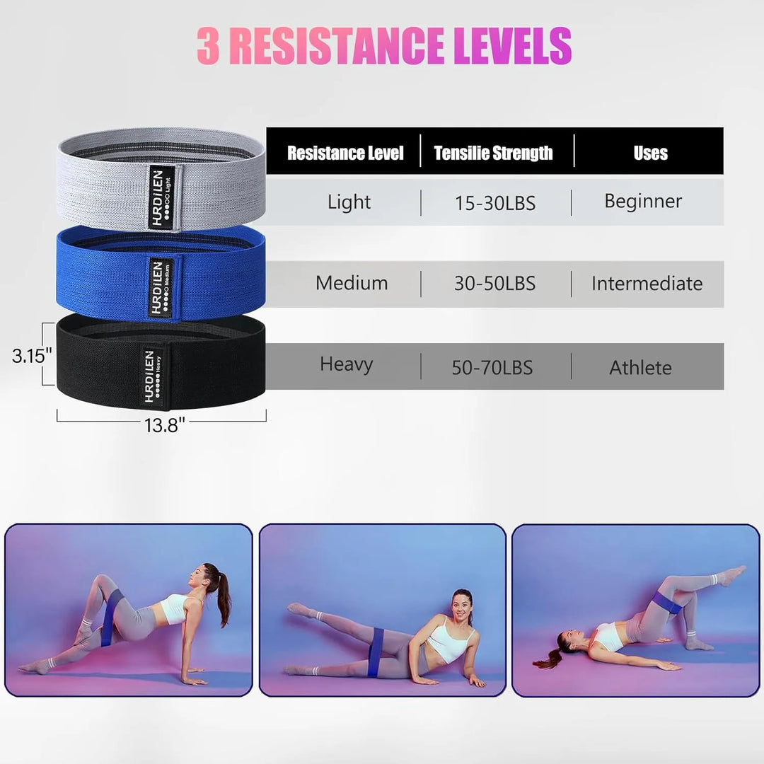 Set of three full body exercise bands from The Peak Pivot, fabric resistance bands in varying levels for versatile workouts.
