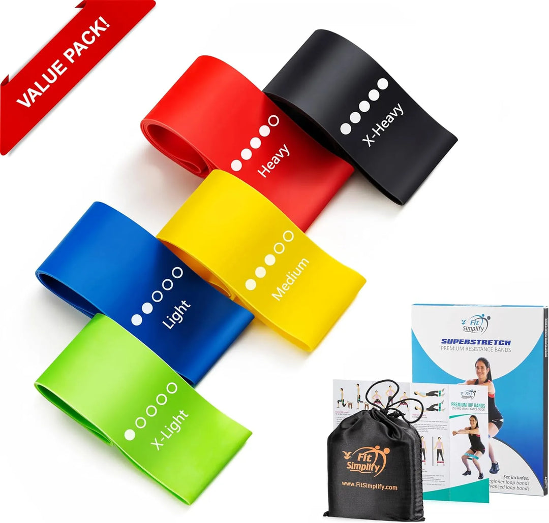 Set of five resistance exercise bands from The Peak Pivot, showing different levels of tension for strength training.