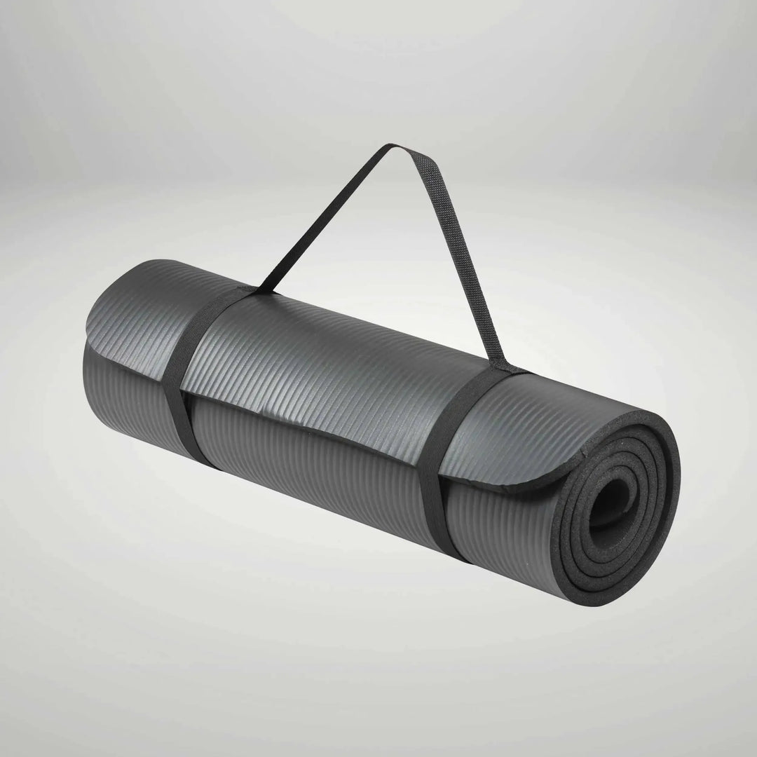 Thick 12mm high-density NBR yoga mat by The Peak Pivot, ideal for comfortable yoga and floor exercises.
