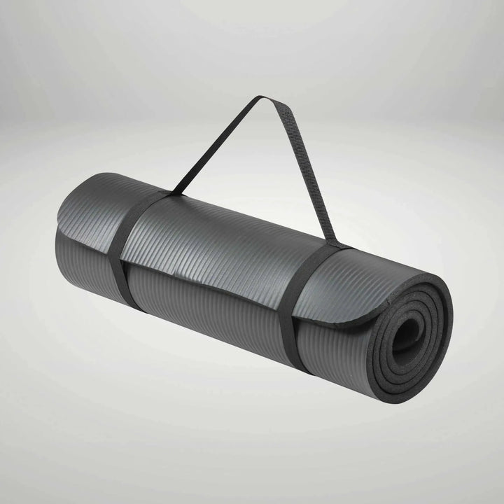 Thick 12mm high-density NBR yoga mat by The Peak Pivot, ideal for comfortable yoga and floor exercises.