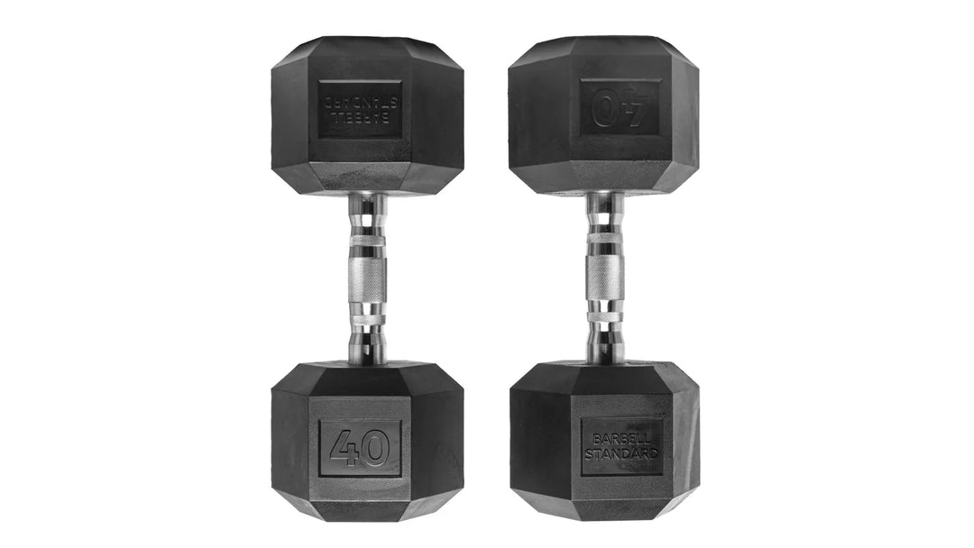 Pair of black Rubber Hex Dumbbells from Barbell Standard, featuring textured handles and hex-shaped ends for secure grip.