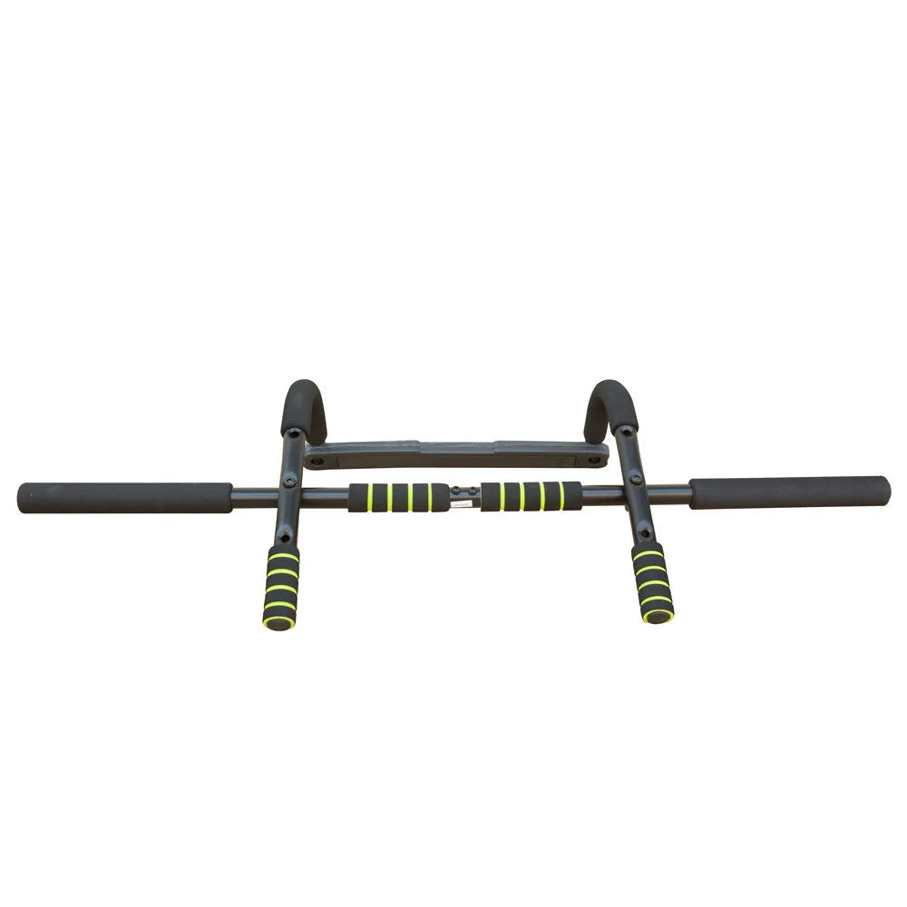 Wall mounted pull-up bar mounted on a home gym wall for strength training.