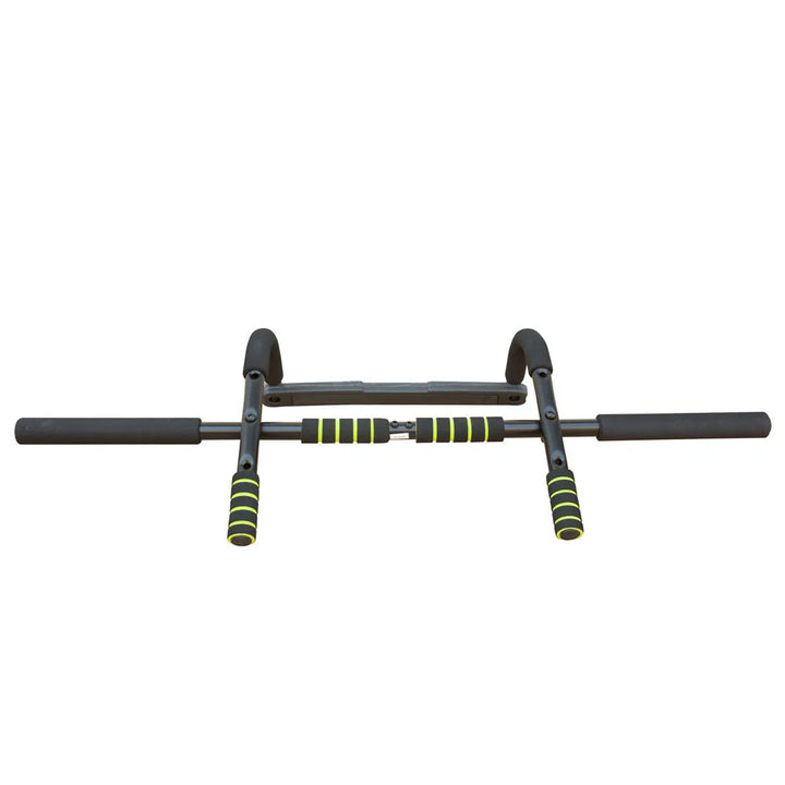 Wall mounted pull-up bar mounted on a home gym wall for strength training.