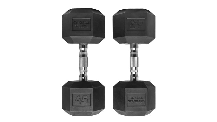 Pair of Barbell Standard Rubber Hex Dumbbells with textured grips and durable black coating for strength training.