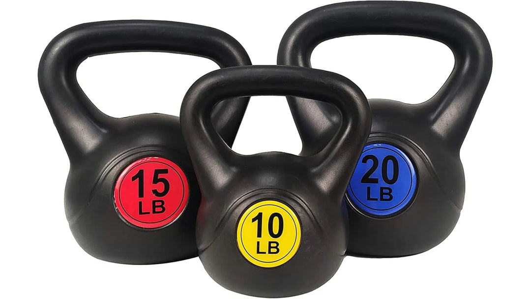 Set of black kettlebells of various weights from The Peak Pivot kettlebell weight set for strength training and fitness.