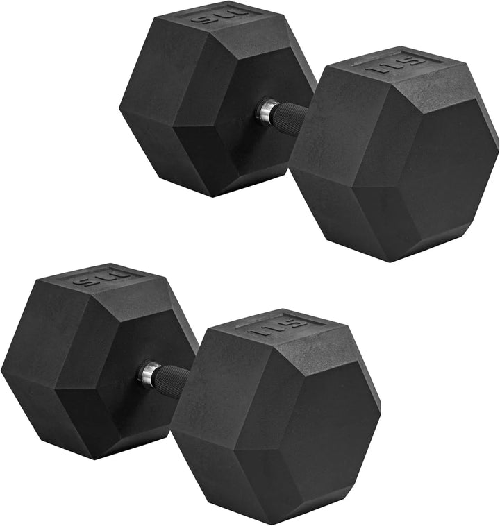 Cast iron hex dumbbells from The Peak Pivot for strength training at home, shown with black rubber-coated weights.