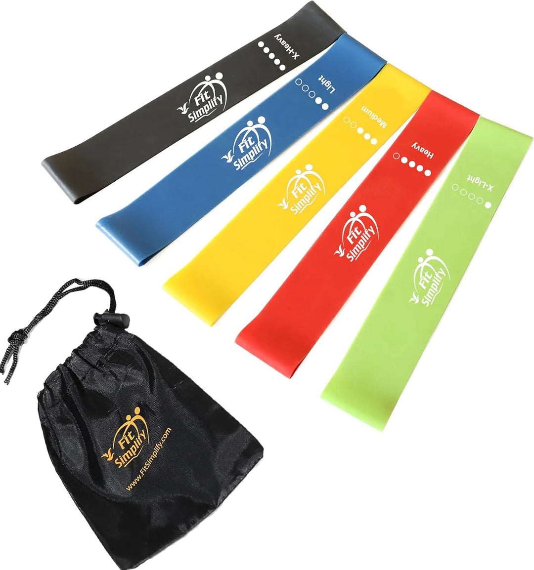 Set of five resistance exercise bands in varying levels from The Peak Pivot, suitable for strength training and workout routines.