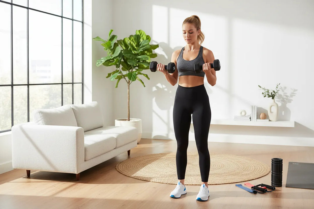 Neoprene hex dumbbells for home workout from The Peak Pivot, shown with black coated weights and textured handles.