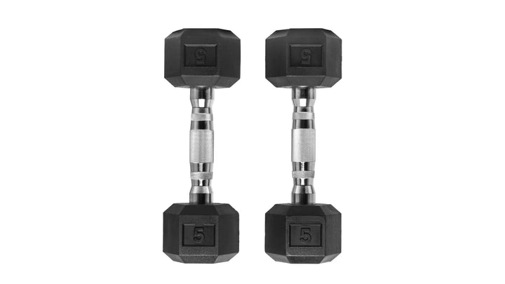 Pair of black Rubber Hex Dumbbells from Barbell Standard with textured handles for weight training and strength exercises.