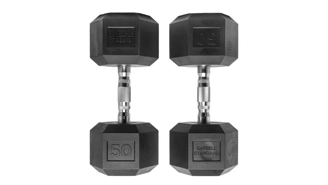 Pair of black rubber hex dumbbells by Barbell Standard with textured handles for strength training.