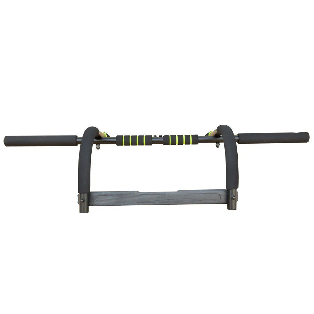 Wall mounted pull-up bar installed on a home gym wall for upper body workouts.