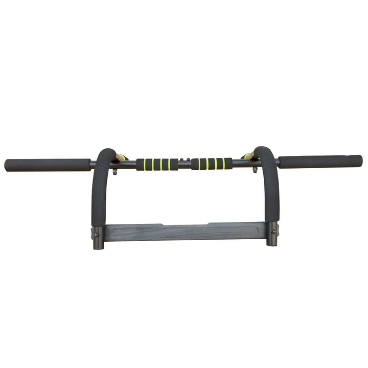Wall mounted pull-up bar installed on a home gym wall for upper body workouts.