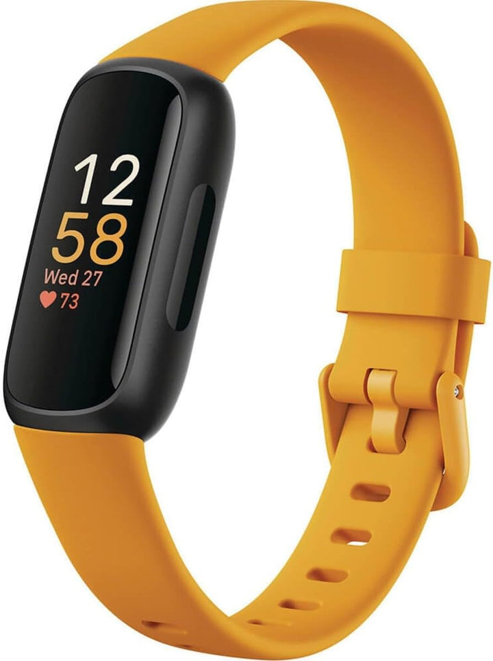 Fitbit Inspire 3 fitness tracker by The Peak Pivot showing a sleek, lightweight design with a color display and health monitoring features.
