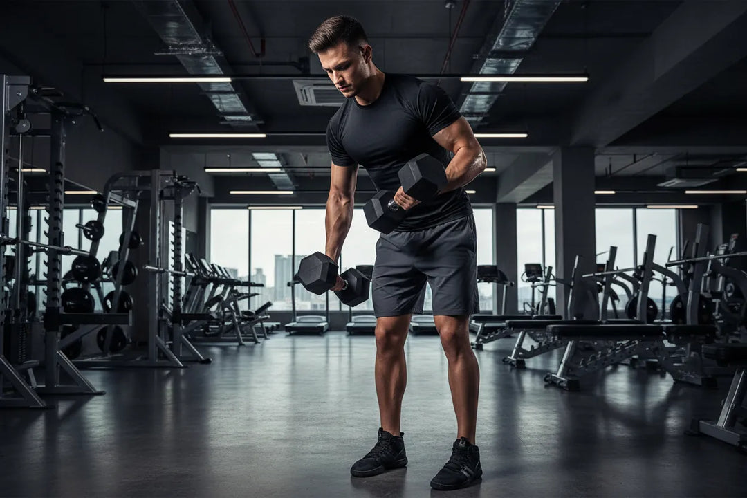 Cast iron hex dumbbells from The Peak Pivot for strength training at home, shown stacked with textured handles and weight labels.