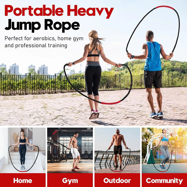Weighted jump rope by The Peak Pivot with black handles and a durable rope, ideal for cardio and strength training.