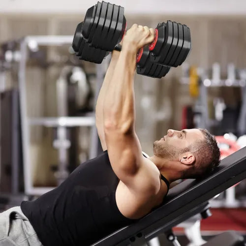 V.I.P Digital Presence adjustable 55lb dumbbell set for home gym with multiple weight plates and handle for strength training.