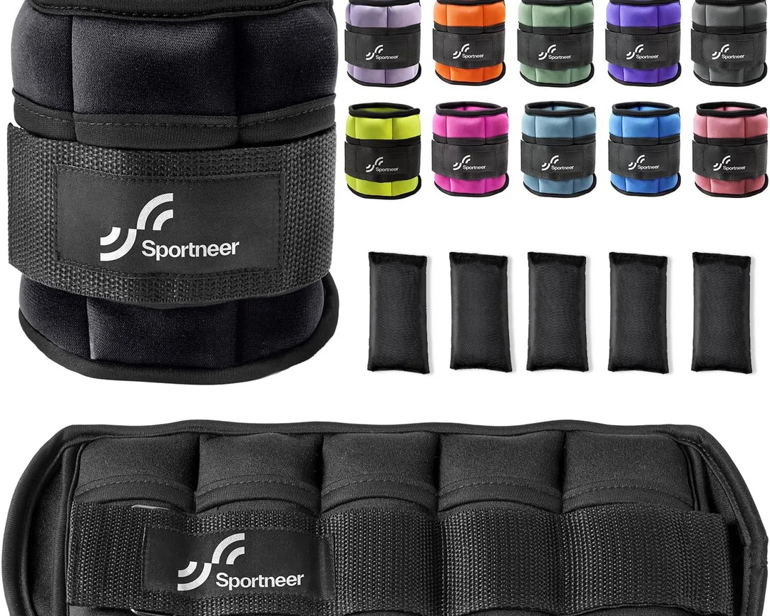 Adjustable ankle weights from The Peak Pivot, 2 to 10 pounds, shown on a person's ankles for fitness and strength training.