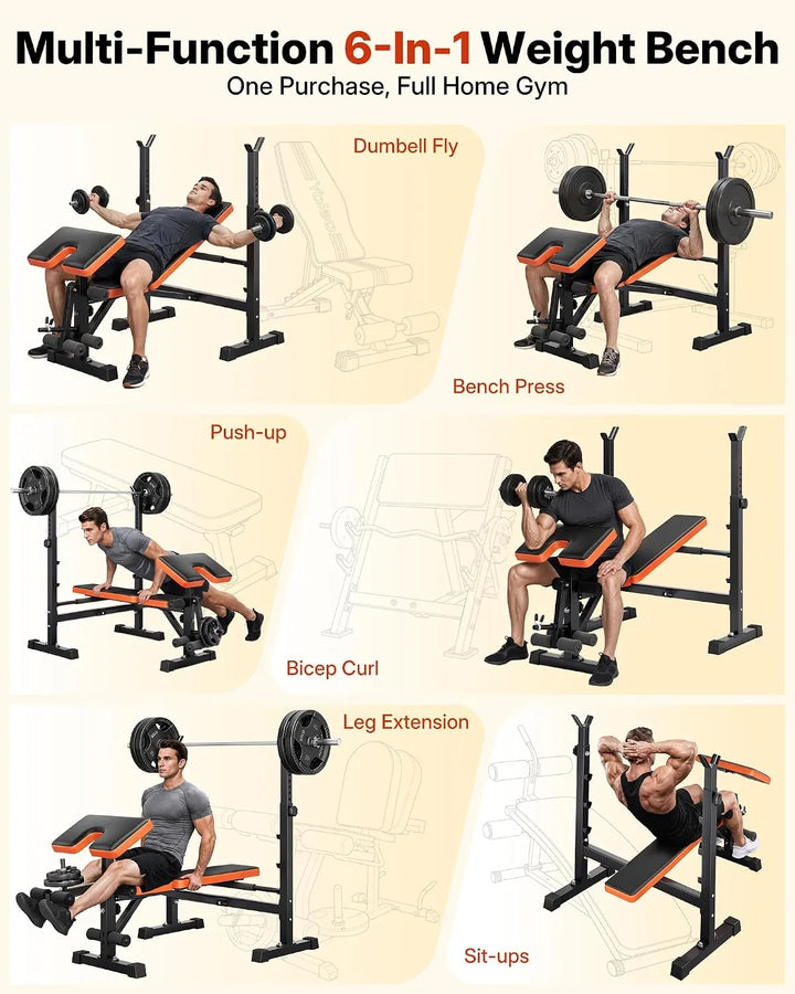 The Peak Pivot 6-in-1 weight bench set with adjustable bench, dumbbells, and resistance bands for versatile home gym workouts.